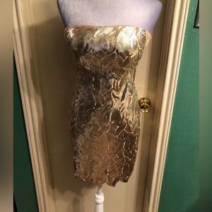 bebe Strapless Gold Sequin Cocktail Dress